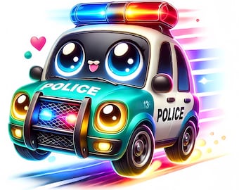 May include: A cartoon police car with big eyes and a smiling face. The car is green and white with the word "POLICE" written on the side. The car is driving on a road with a blurred background.