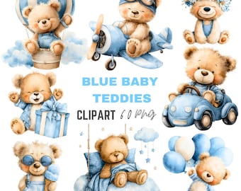 Clipart aquarel teddybeer: blauwe babyknuffels, babyshower, digitale download, 60 png