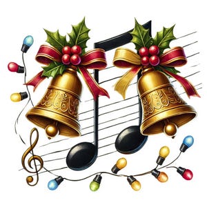 May include: Two gold bells with red and green holly and ribbon decorations hanging from musical notes with a string of colorful lights.