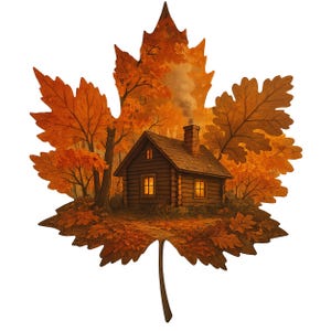 May include: An illustration of a log cabin scene within a large, orange maple leaf. The cabin has a chimney with smoke, and the windows glow with warm light. The background features an autumn forest with trees.