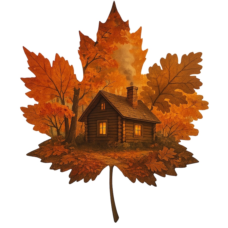May include: An illustration of a log cabin scene within a large, orange maple leaf. The cabin has a chimney with smoke, and the windows glow with warm light. The background features an autumn forest with trees.