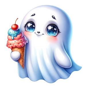 May include: A cute white ghost with big blue eyes and a pink blush holding a pink and blue ice cream cone with a cherry on top.