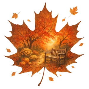 May include: An autumnal illustration depicting a park scene within a large orange maple leaf. A wooden bench sits on a path, surrounded by trees, pumpkins, and falling leaves. The colour palette is dominated by warm oranges and browns, evoking a cosy autumn atmosphere.