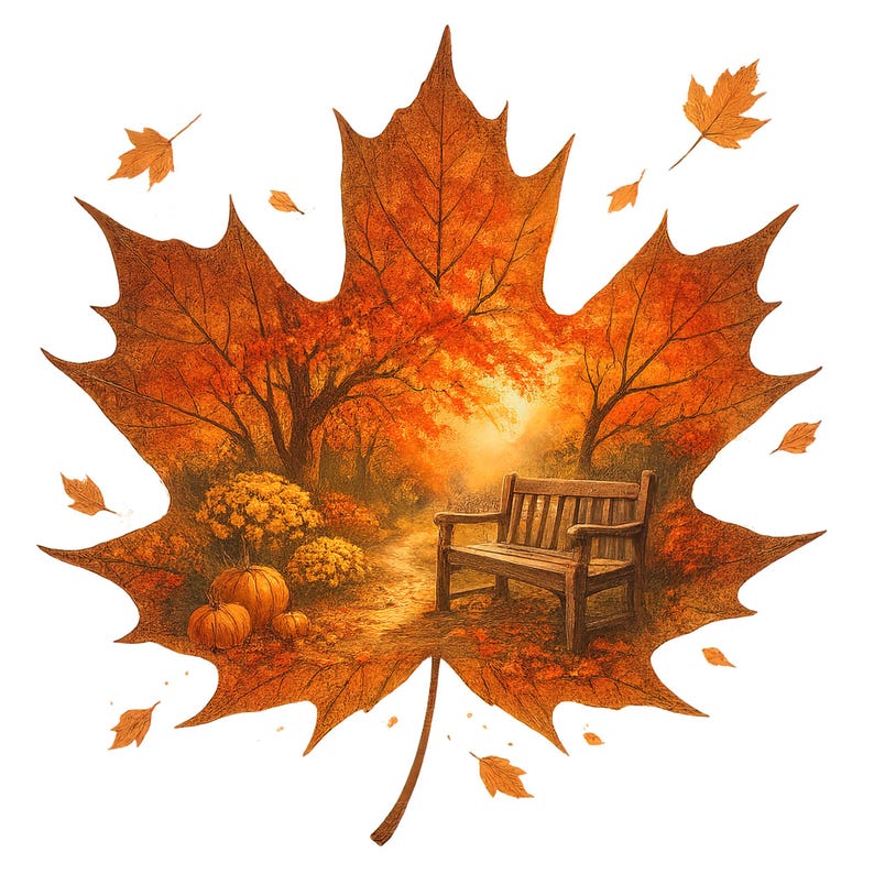 May include: An autumnal illustration depicting a park scene within a large orange maple leaf. A wooden bench sits on a path, surrounded by trees, pumpkins, and falling leaves. The colour palette is dominated by warm oranges and browns, evoking a cosy autumn atmosphere.