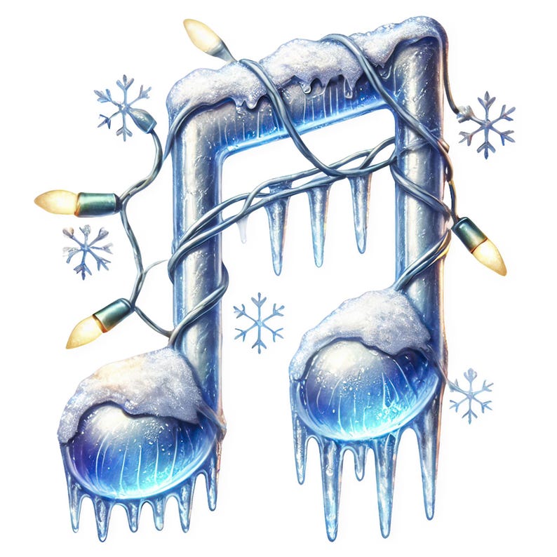 May include: A silver musical note covered in snow and icicles with white Christmas lights wrapped around it.