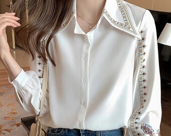 Women's White Embroidered Shirt, Vintage Women's Clothing, Linen Blouse, Shirt For Women, Blouse Women Shirt, Gifts for Mom, Gifts for Her