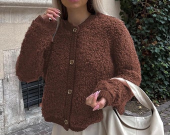 Brown Buttoned Boucle Knitwear Cardigan, Women Cardigan Sweaters, Cardigan With Drawstring, Vintage Austrian Cardigan, Gift for her