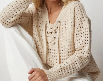 Women's Cream Collar Lace Up Openwork Knitwear Sweater, High Quality Sweater, Hand Knit Sweater, Oversized Sweater, Vintage, Bohemian