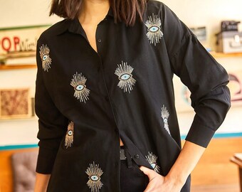 Shirt for women, Evil eye Shirt, Blouse for women, Evil eye Blouse, Embroidered Shirt, Cotton shirt, Sequin Blouse, Gift for her