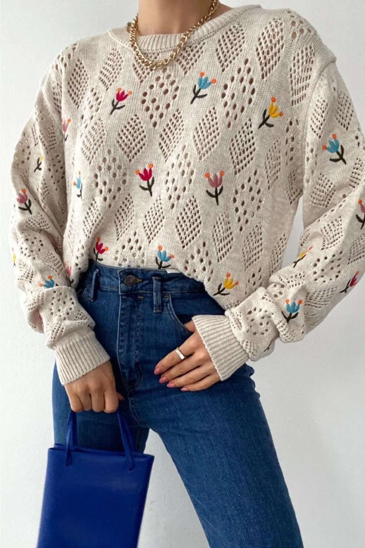 Knitted Sweater with Embroidered Floral Sleeves - Brown main image 0