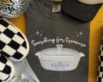 Searching For Treasure Blue, No Such Thing As Too Much Pyrex, Blue Floral, Cornflower, Retro Funny Collector, Vintage Quirky