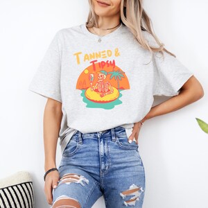 Tanned and Tipsy Skeleton Unisex Heavy Cotton Tee, Beach Tee, Lake Tee, Tanning T-shirt, Lake shirt, Beach Shirt, Summer T-shirt