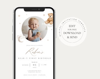 Eviter le premier anniversaire avec photo, 1er anniversaire d'un ours, Invitation téléphone pour premier anniversaire, Invitation 1er anniversaire de garçon, Invitation modifiable