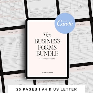 May include: A digital business forms bundle displayed on a tablet, surrounded by various form templates. The tablet screen displays "The Business Forms Bundle" in elegant typography. The bundle includes 25 pages in A4 and US Letter sizes.