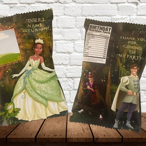 May include: A green and white princess party favor bag with a picture of a princess in a green dress and a frog. The bag has the text "INSERT NAME IS TURNING" and "THANK YOU FOR COMING TO MY PARTY!" printed on it.