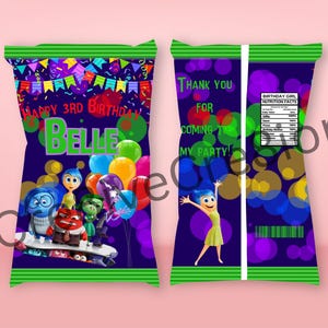 May include: Two green and purple chip bags with a birthday theme. One bag has a picture of the characters from the movie Inside Out and the text "Happy 3rd Birthday Belle". The other bag has the text "Thank you for coming to my party!" and a nutrition facts label.