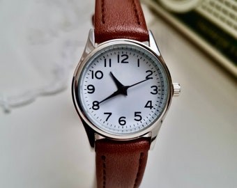 Wrist Watch for Women, Present for Her, Silver Case Colour, Vintage Design, Light Brown Leather Band, White Dial, Valentine's Day Gift, Cool