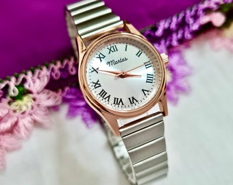 Reloj de Pulsera para Mujer, Color Oro Rosa y Plata, Regalo para Ella, Diseño Vintage, Regalo del Día de la Madre, Blanco, Reloj de Calidad, Número Romano