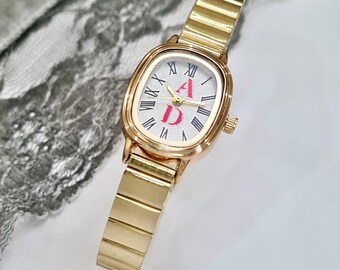 Woman Wrist Watch, Gold Colour, White, Personalization on the Dial, One or Two Letter can be Added on Dial, Customized Gift, Gift for Her