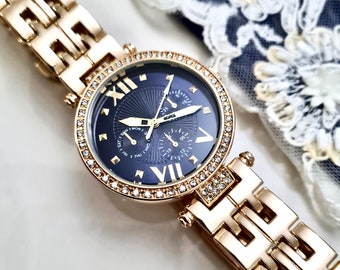 Wrist Watch for Women, Gold Colour, Present for Her, Vintage Design, Adjustable, Roman Numeral Design, Mother's Day Gift, Dark Blue Dial