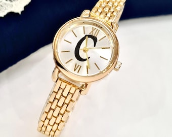 Woman Wrist Watch, Gold Colour, White, Personalization on the Dial, Letter / Letters can be Added on Dial, Customized Gift, Gift for Her