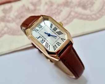 Montre pour femme, couleur dorée, cadeau pour elle, design vintage, bracelet en similicuir, cadeau pour la fête des mères, design avec chiffres romains, design sympa