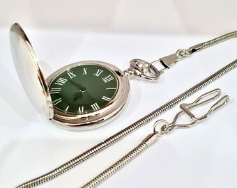 Pocket Watch, Silver Colour, Green Dial, Snake Design Chain, Roman Numeral Dial, Groomsman Watch, Charismatic Design, Vintage Design, Cool