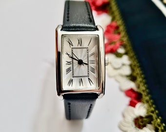 Silver Women's Watch, Square Roman Numeral Dial, Black Faux Leather