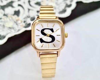 Woman Wrist Watch, Gold Colour, White, Personalization on the Dial, Letter / Letters can be Added on Dial, Customized Gift, Gift for Her