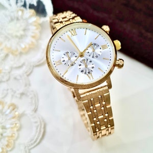 Wrist Watch for Women, Gold Colour, Present for Her, Modern Design, Adjustable Band, Roman Numeral Design, Mother&#39;s Day Gift, White Dial