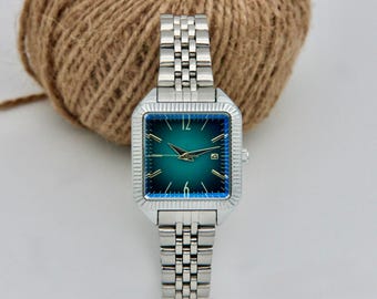 Women's Stainless Steel Watch, Silver Colour Watch, Dark Blue Gradient Dial, Watch with Date Display, Water Resistant, Daily Usage Watch