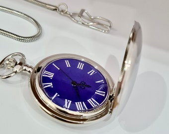 Pocket Watch, Silver Colour, Blue Dial, Snake Design Chain, Roman Numeral Dial, Groomsman Watch, Charismatic Design, Vintage Design, Cool