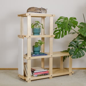 May include: A wooden shelf unit with three shelves, a white padded top, and a white panel on the left side. The shelves are filled with potted plants and books. The top shelf has a cat sleeping on it.