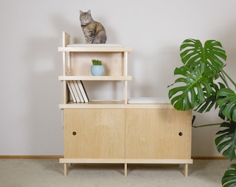 Multifunctional Cat Furniture: Litter Box Enclosure, Wooden Shelving Unit, Scratching Post, and Cat Bed - Storage Included
