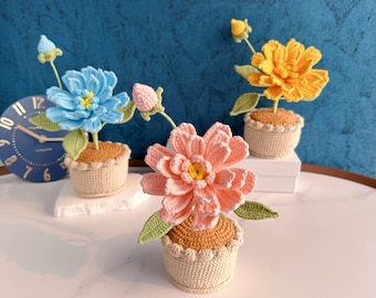 Handmade Flower Pot, Crochet Peony in Vase,Gift for Her, Mother/Wife/Sisters,Birthday Anniversaries,Housewarming,Christmas Decor Oranment