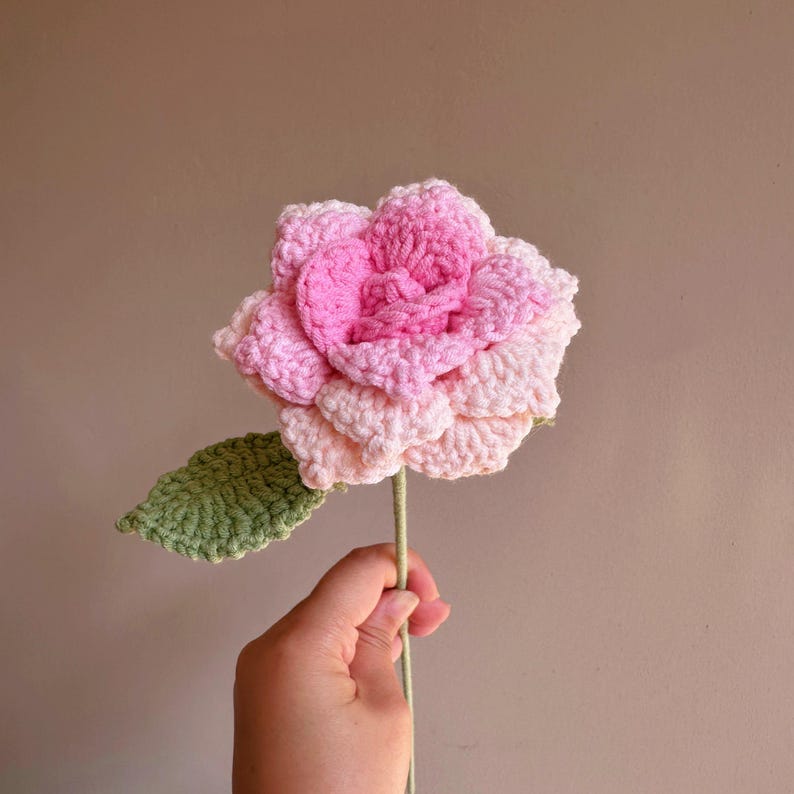 Handmade Crochet Tulip Rose, Openable petals Knitted Flower Bouquet for Vase|Home Decoration, Gift for Valentines Day, Mother,Her,Lover Rose Pink