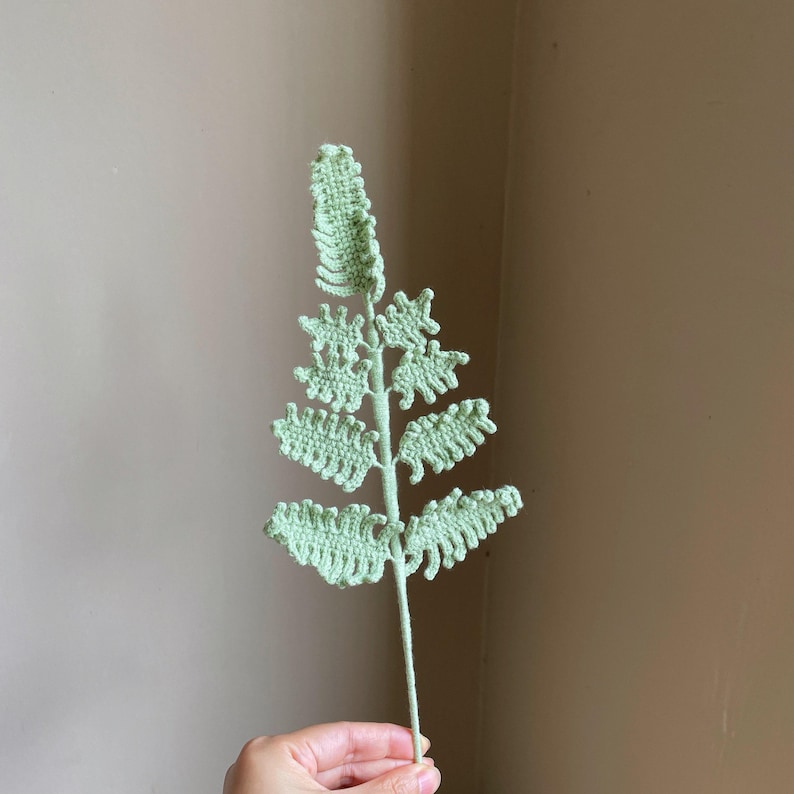 May include: A light green, crocheted botanical stem with detailed leaf and flower-like elements. The handmade piece features a central stem with intricate, textured leaves and a top section resembling a flower spike. The craftwork is held against a neutral background.