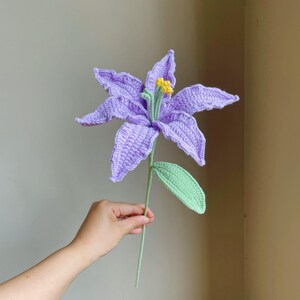 Handmade Crochet Tulip Rose, Openable petals Knitted Flower Bouquet for Vase|Home Decoration, Gift for Valentines Day, Mother,Her,Lover Lily Purple