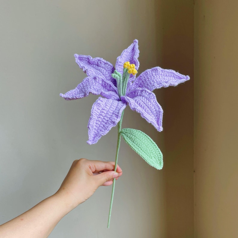 Handmade Crochet Tulip Rose, Openable petals Knitted Flower Bouquet for Vase|Home Decoration, Gift for Valentines Day, Mother,Her,Lover Lily Purple