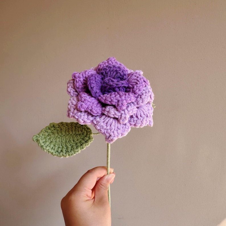Handmade Crochet Tulip Rose, Openable petals Knitted Flower Bouquet for Vase|Home Decoration, Gift for Valentines Day, Mother,Her,Lover Rose Purple