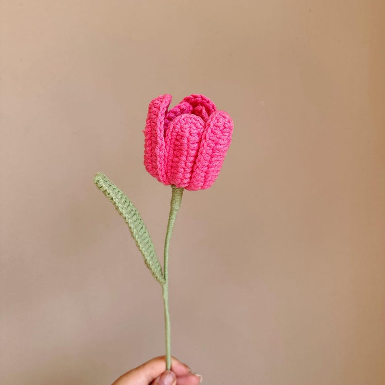 Handmade Crochet Tulip Rose, Openable petals Knitted Flower Bouquet for Vase|Home Decoration, Gift for Valentines Day, Mother,Her,Lover Tulip Fuchsia