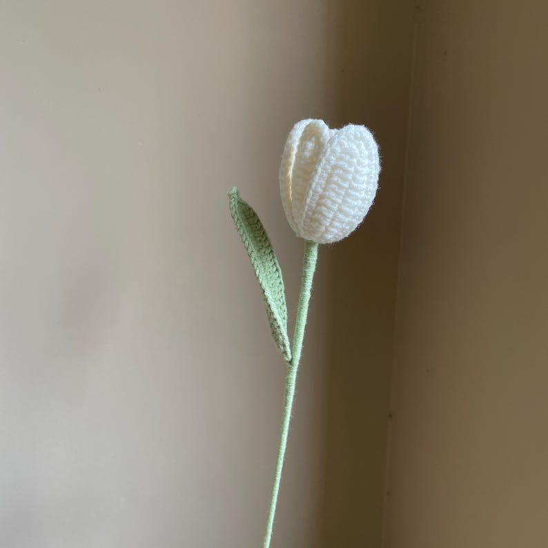 May include: A handmade crochet tulip flower. The flower head is white, the stem is green, and the leaf is light green. The tulip is a single stem, and the background is a neutral color.