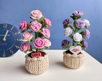 Valentine's Day Rose Tree, Handmade Knitted Flower Bouquet Pot, Crochet Personalized Love Gifts For Her