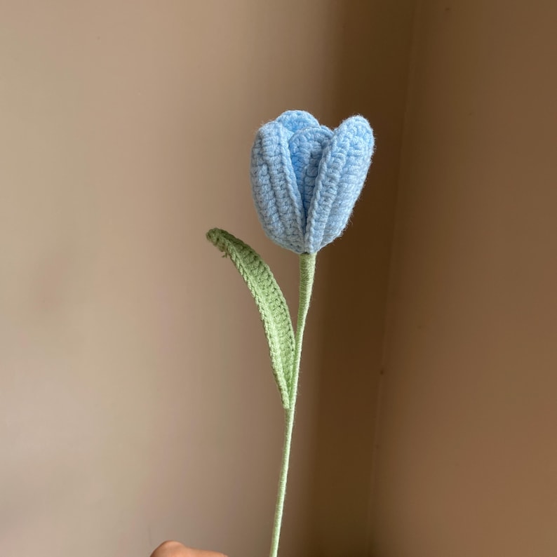 May include: A handmade crochet tulip flower in light blue with a green stem and leaf. The flower's petals are tightly crocheted, giving it a textured appearance. The stem is long and slender, with a single green leaf.