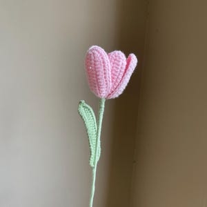 May include: A handmade crochet tulip in soft pink with a green stem and leaf. The flower's petals are detailed with textured stitching, and the stem and leaf have a subtle, natural appearance. This decorative floral item is a charming addition to any home.