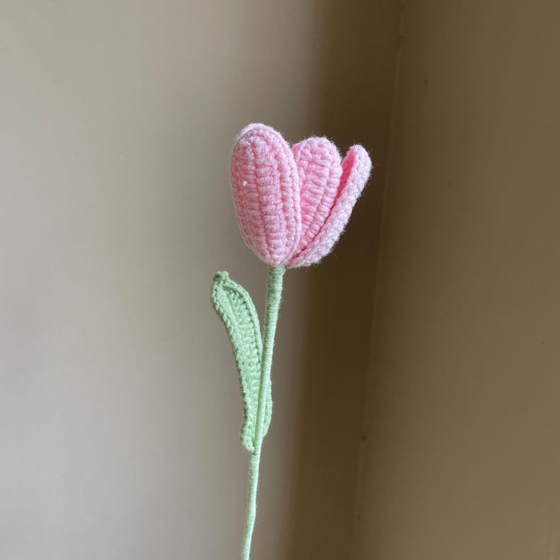 May include: A handmade crochet tulip in soft pink with a green stem and leaf. The flower's petals are detailed with textured stitching, and the stem and leaf have a subtle, natural appearance. This decorative floral item is a charming addition to any home.