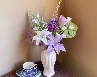 Purple Crochet Flower Bouquet (no vase)Handmade Lily Tulip floral, Gift for Her,Wife Mother Nana Birthday Anniversary Housewarming Christmas