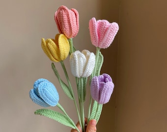 Handmade Crochet Tulip Rose, Openable petals Knitted Flower Bouquet for Vase|Home Decoration, Gift for Valentines Day, Mother,Her,Lover