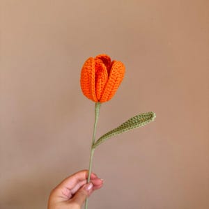 Handmade Crochet Tulip Rose, Openable petals Knitted Flower Bouquet for Vase|Home Decoration, Gift for Valentines Day, Mother,Her,Lover Tulip Orange