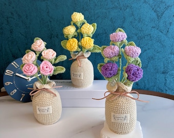 Crochet Rose Pot Handmade Flowers in Vase, Forever Flowers Gift for Her, Lover Mom Wife Girlfriend Birthday,Thank you,Get Well, Christmas